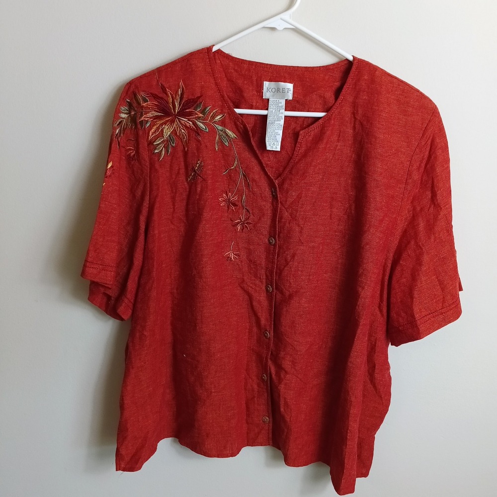 Koret Button Front Top Women 22W Red Excellent Linen Blend Floral Embroidered